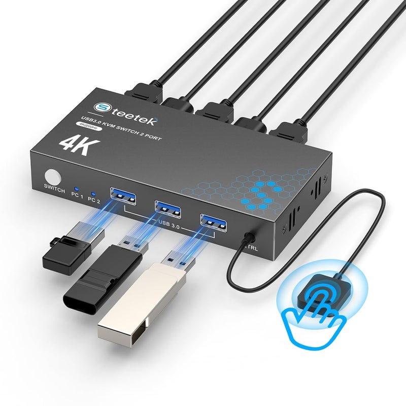 Hearvo مفتاح KVM HDMI 3.0 USB 1 شاشات 2 كمبيوترات، مفاتيح KVM بدقة 4K@60Hz لمشاركة شاشة الكمبيوترين مع لوحة المفاتيح والفأرة ومحركات الأقراص والطابعة، مع EDID التكيف، وكابلين USB 2 ووحدة تحكم - Image 1